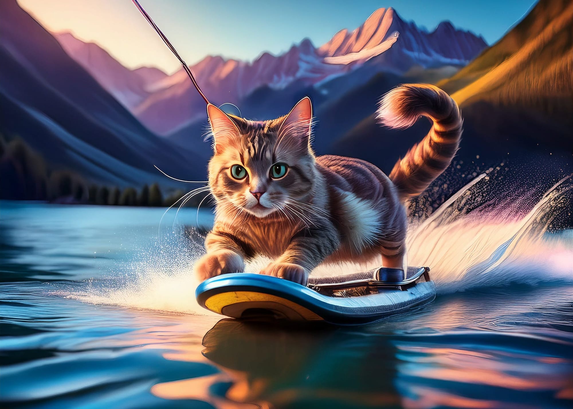 cat surfing on a beautiful lake in the mountains, like we wish we were doing