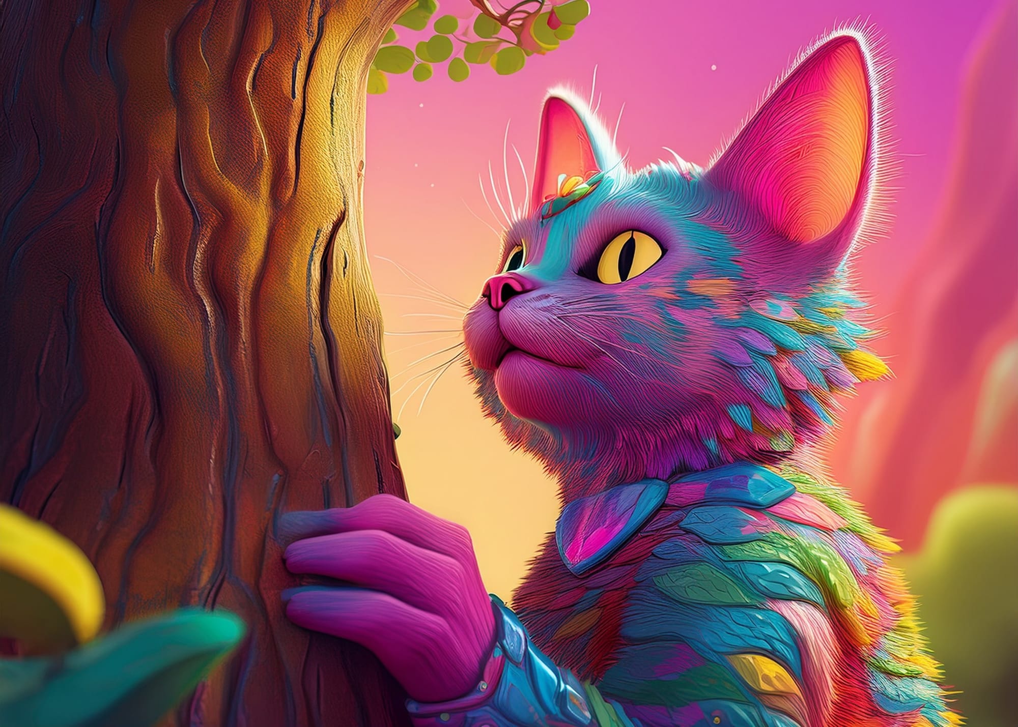 a rainbow colored cat places his hand lovely on the trunk of a tree