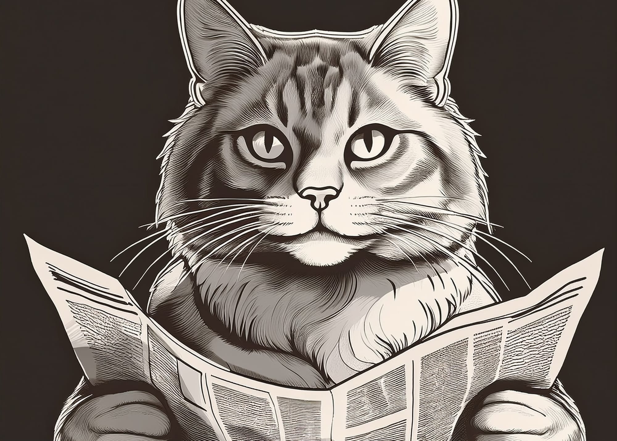 Black and White image of a cat reading a newspaper