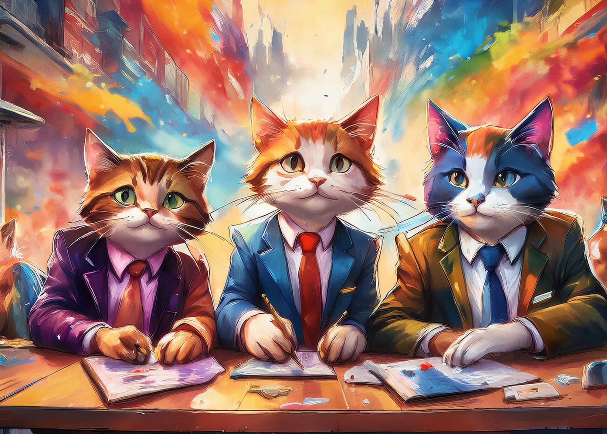A group of three cats in business suits sit at a table, representing all the work that is about to get done in Williamstown. Time to roll up our sleeves!
