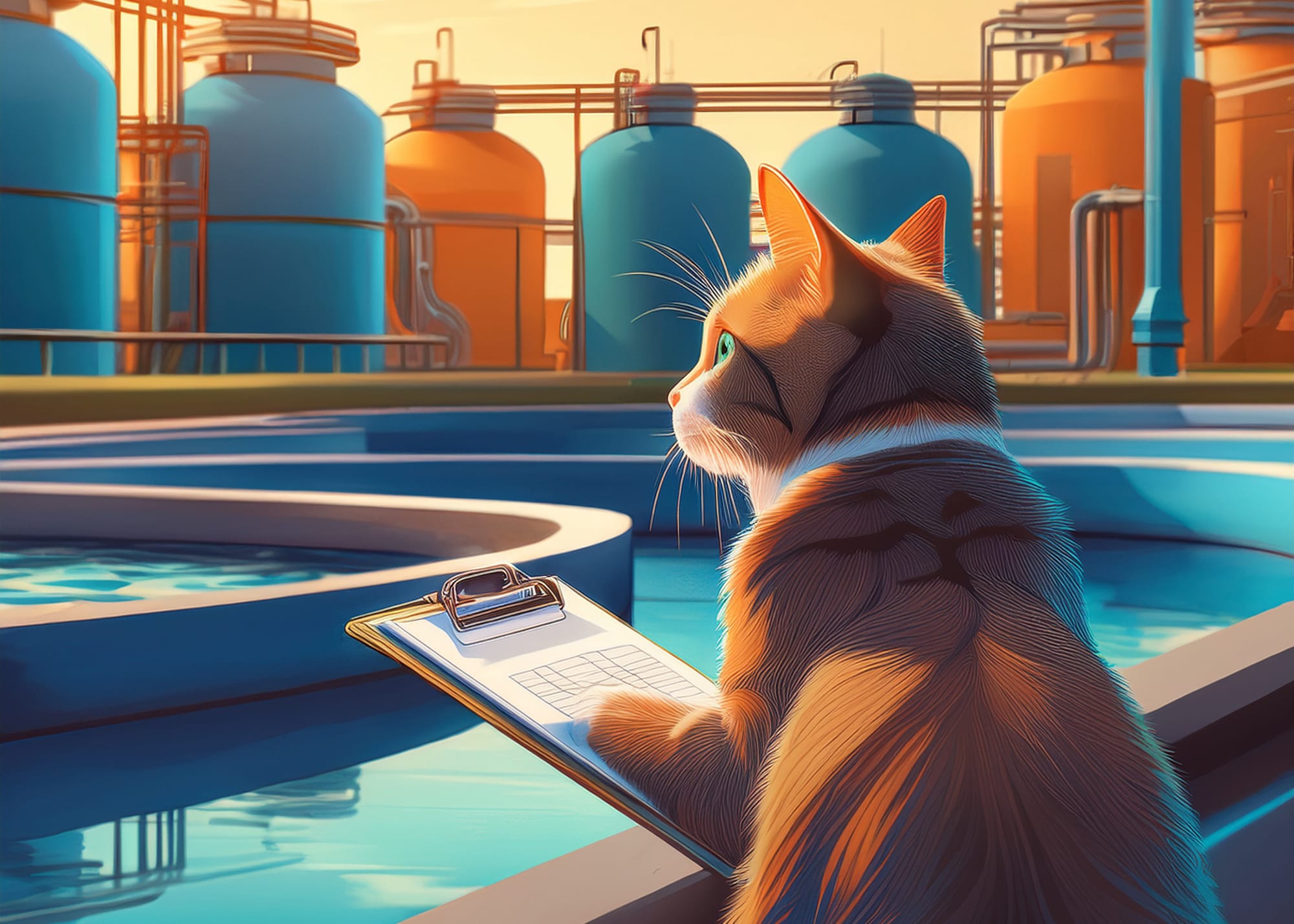a cat with a clipboard stares into the distance of a water quality treatment plant, longing for a cleaner healthier future.